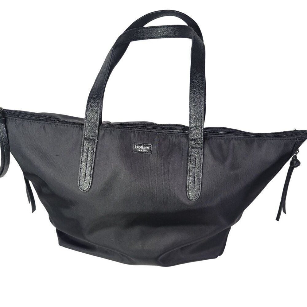 Botkier Black Nylon Large Tote Bag With Leather Trim & Zippered Top Closure